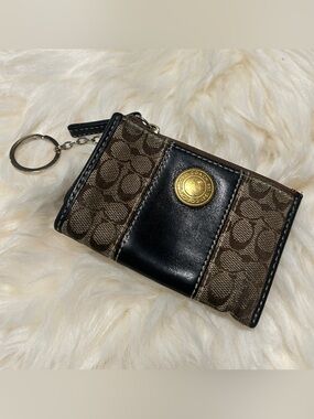 Coach Brown and Black Signature Card Case Keychain